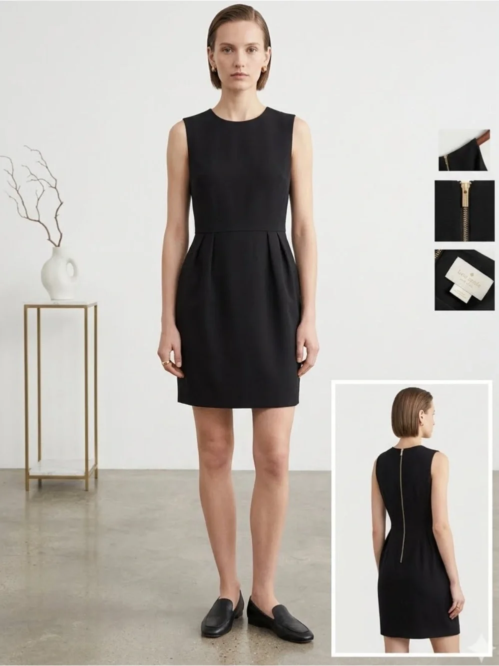 Kate Spade black crewneck sheath dress zipper back gold size 8 career cocktail